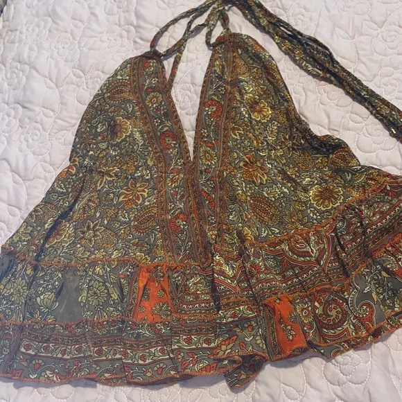 Boho Paisley Halter Ruffle Hem Cami Top - Brown & Rust - Picture 3 of 4